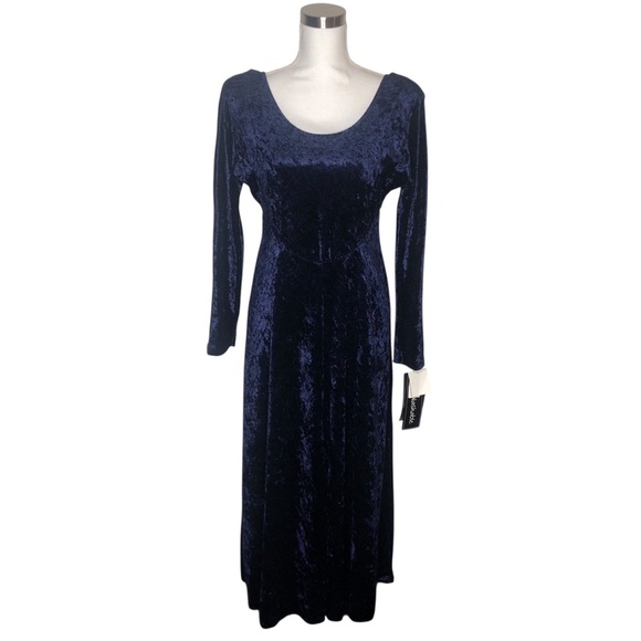 VINTAGE 90s NOS All That Jazz Blue Crushed Velvet Velour Midi Dress S Goth Witch - Picture 1 of 9